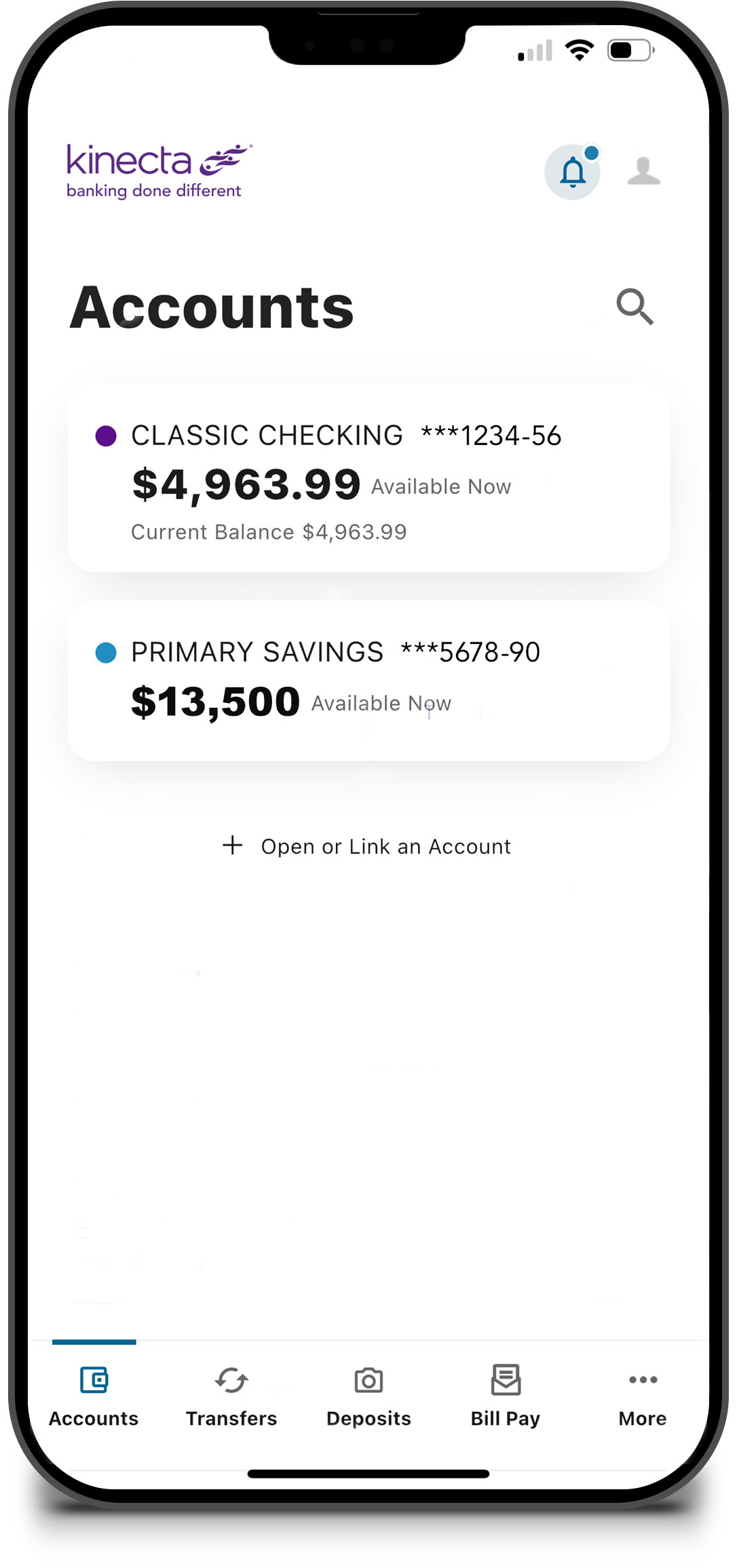 Smartphone Kinecta app checking page