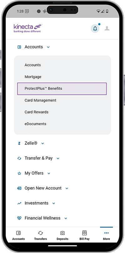 image of a mobile device displaying digital banking protectplus™ benefits