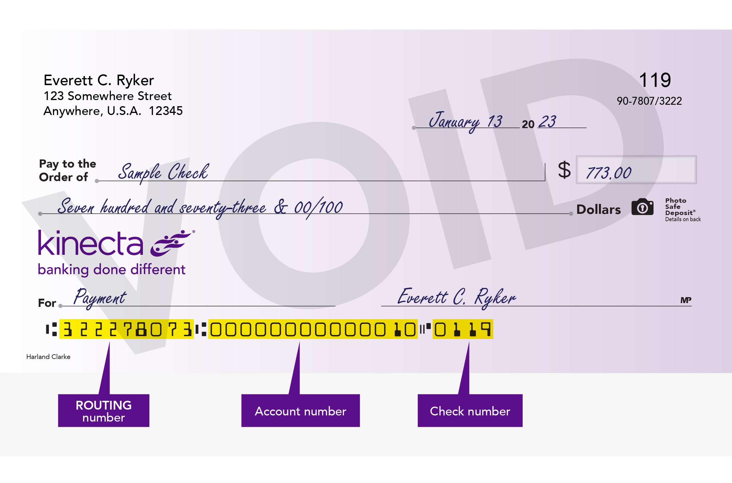 A voided check example of where to find your routing and account number on a Kinecta check.